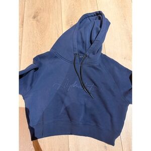 Alphalete Athletics Navy Blue Cropped Hoodie Silicone Logo Fleece Pullover 330